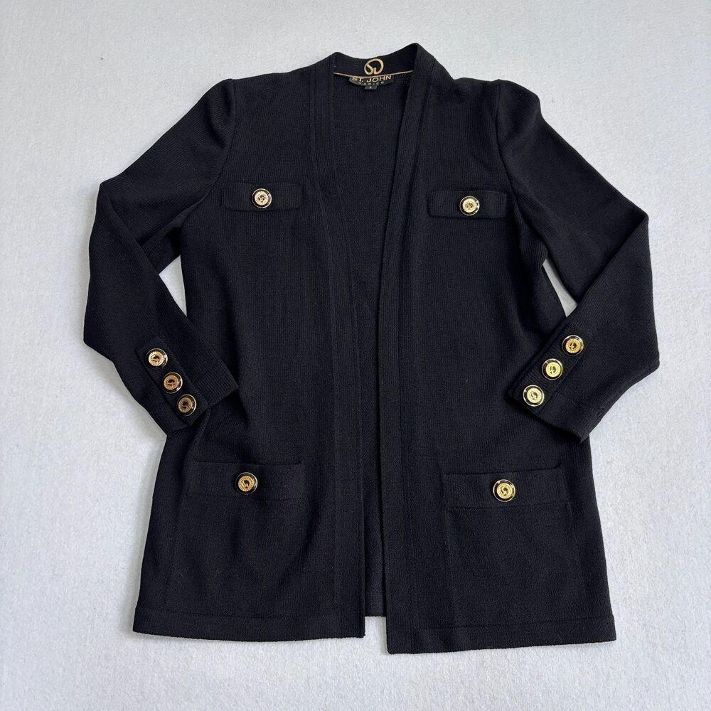 St. John Santana Knit Cardigan Sweater Women's S Black Open Front Gold Buttons